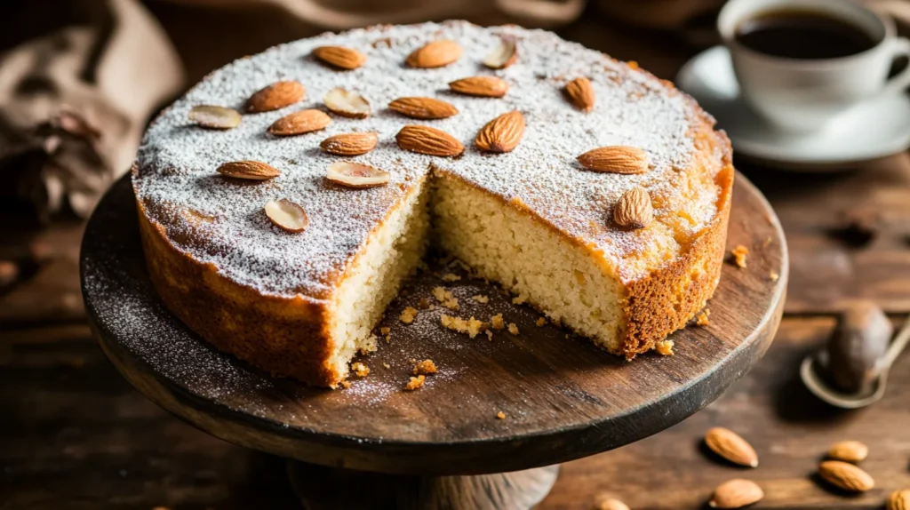 A golden almond nut cake with a dusting of powdered sugar and sliced almonds on top.