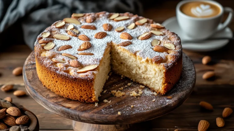 A round almond cake with a golden-brown crust, topped with caramelized nuts and a sprinkle of powdered sugar.