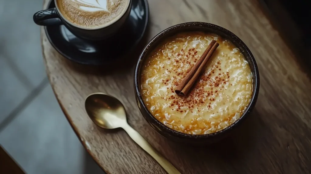 A rustic wooden bowl filled with Arroz Con Leche, topped with ground cinnamon and raisins.
