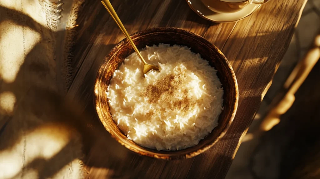 A bowl of creamy Arroz Con Leche sprinkled with cinnamon, served with a cinnamon stick on the side.