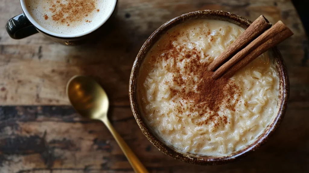 A spoon scooping up a creamy bite of Arroz Con Leche from a ceramic bowl, with steam rising from the dish.