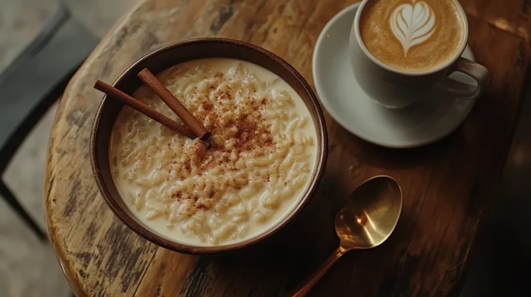 A glass dish of Arroz Con Leche chilled in the fridge, with a sprinkle of cinnamon on top and a side of fresh fruit.