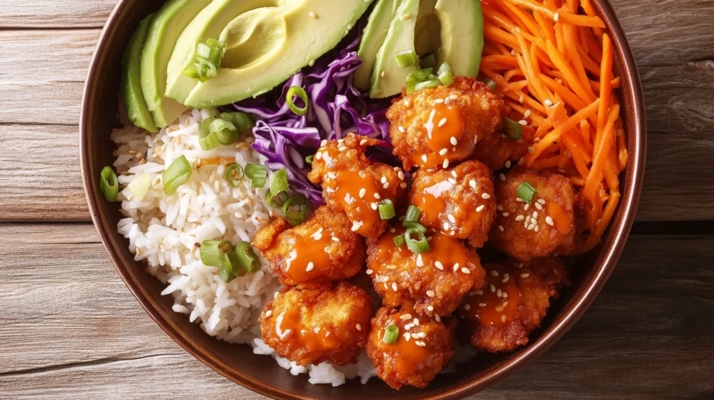 Bang bang chicken pieces coated in a creamy, spicy sauce, served in a bowl with jasmine rice and shredded cabbage.
