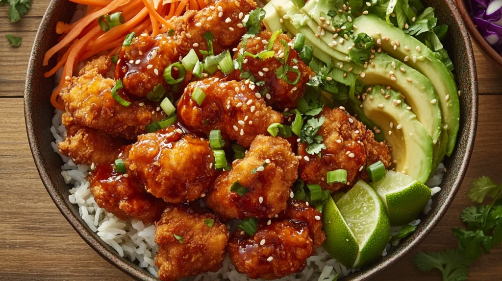 A bowl of crispy bang bang chicken drizzled with a creamy, spicy sauce, served over rice with fresh veggies.
