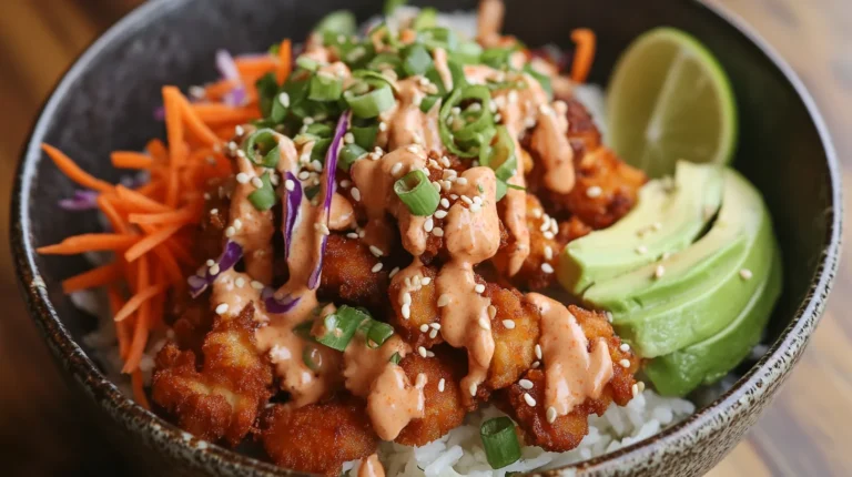 Bang bang chicken served in a bowl with mixed greens, cherry tomatoes, and a drizzle of spicy sauce.