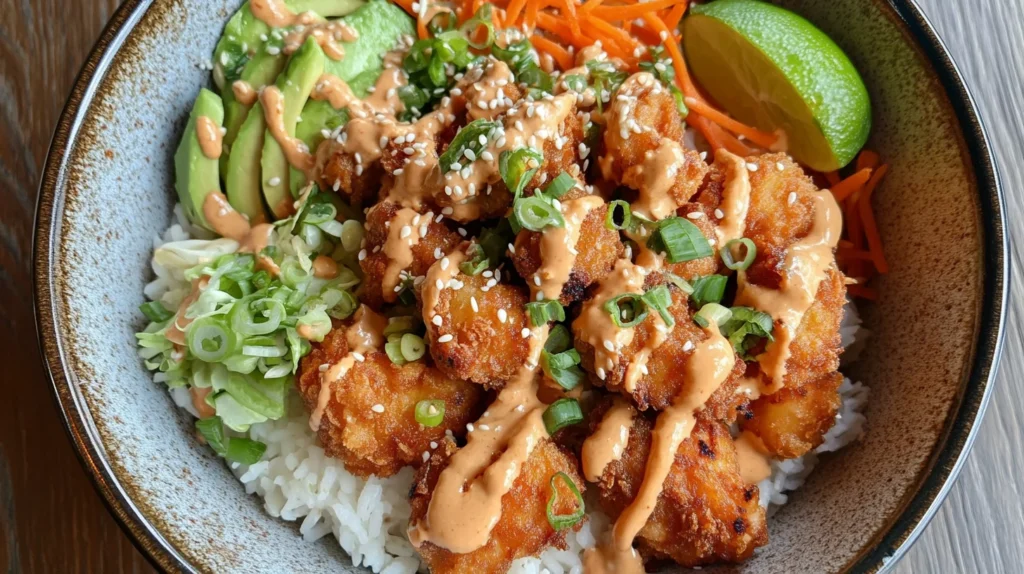 A vibrant bang bang chicken bowl with crispy chicken, avocado slices, and spicy mayo drizzle over quinoa.