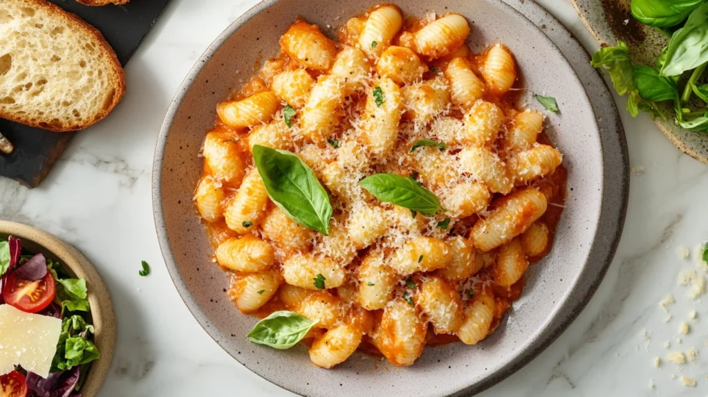 A close-up of a bowl of Barilla Protein Pasta, cooked to perfection and topped with a rich tomato sauce and fresh basil leaves.