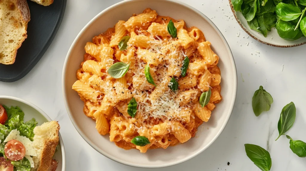 A bowl of Barilla Protein Pasta with a creamy sauce and colorful vegetables mixed in.
