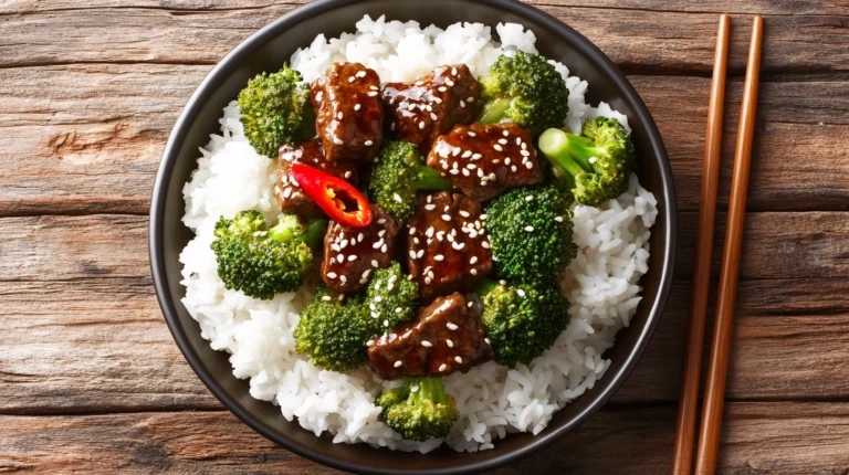 A close-up shot of spicy beef and broccoli stir-fry, featuring tender beef, crisp broccoli, and a bold red chili garnish.