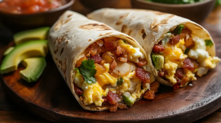 A delicious breakfast burrito stuffed with scrambled eggs, black beans, peppers, and cheese.