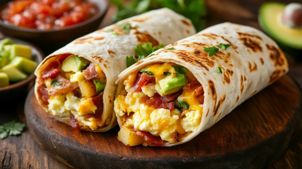 A close-up of a breakfast burrito drizzled with salsa and served with a side of sour cream.