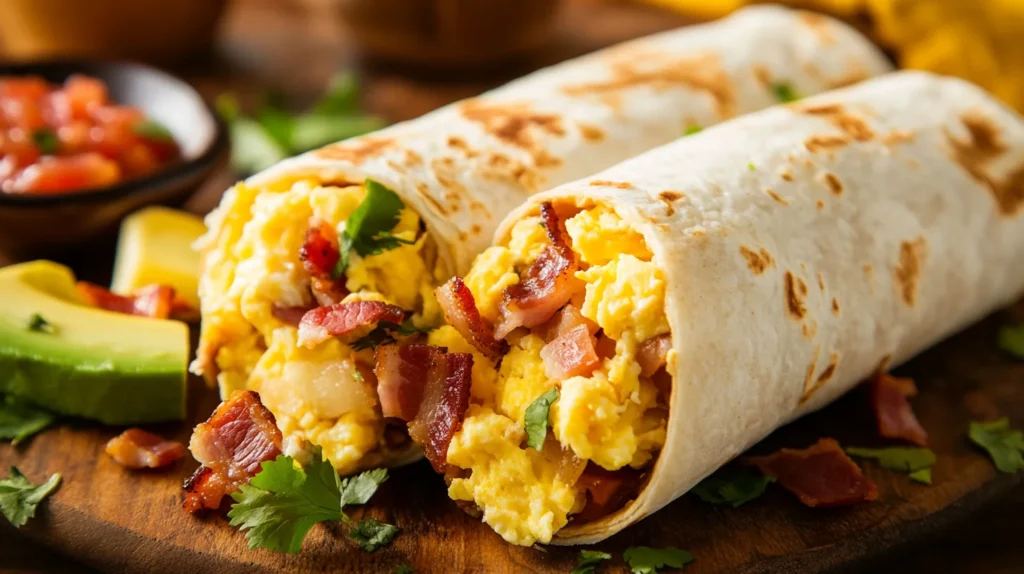 A breakfast burrito sliced in half to reveal a filling of scrambled eggs, bacon, avocado, and cheese.