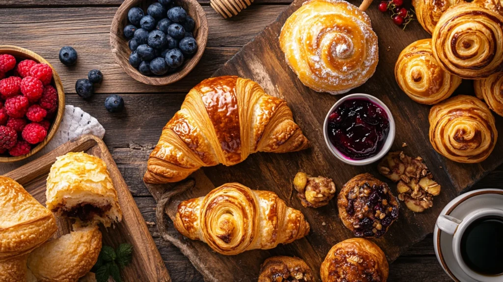 A plate of golden, flaky breakfast pastries filled with fruit jam and dusted with powdered sugar.