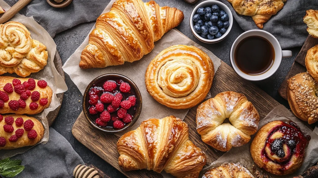 A selection of fresh breakfast pastries, including croissants, danishes, and cinnamon rolls, on a bakery tray.