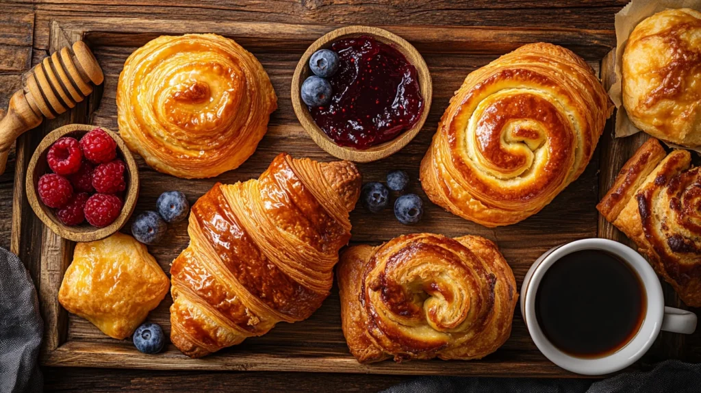 A warm, flaky puff pastry filled with rich chocolate, served on a white plate with a dusting of cocoa powder.