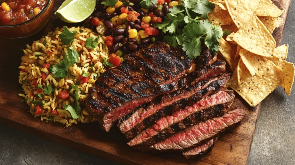 A sizzling plate of chipotle-marinated steak, served with a side of cilantro lime rice and grilled onions.
