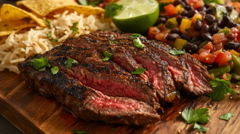 Chipotle steak with a smoky char, served with a side of roasted potatoes and grilled peppers.