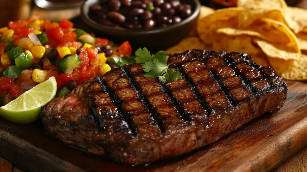 Chipotle steak served with fresh pico de gallo and a squeeze of lime on top.