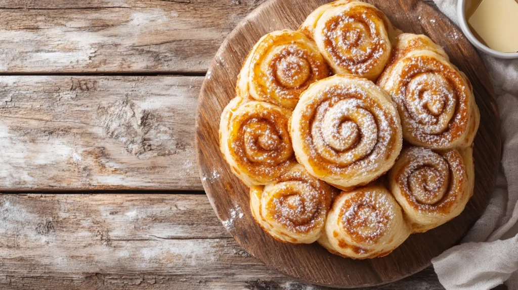Cinnamon roll pancakes served with syrup and butter.