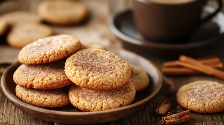 A cinnamon cookie broken in half, revealing its soft, fluffy center, with a glass of milk beside it.