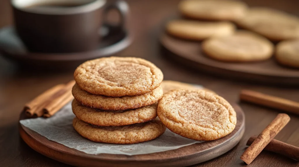 Freshly baked cinnamon cookies arranged on a cooling rack, with a sprinkle of cinnamon sugar on top.