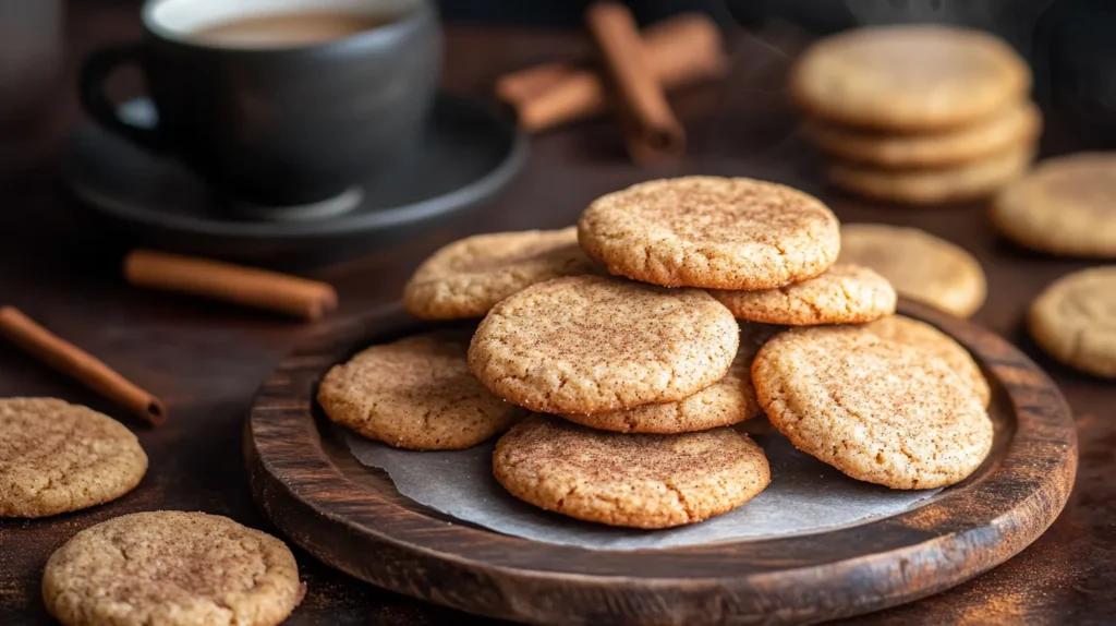  A stack of golden-brown cinnamon cookies dusted with sugar and cinnamon, served on a rustic plate.