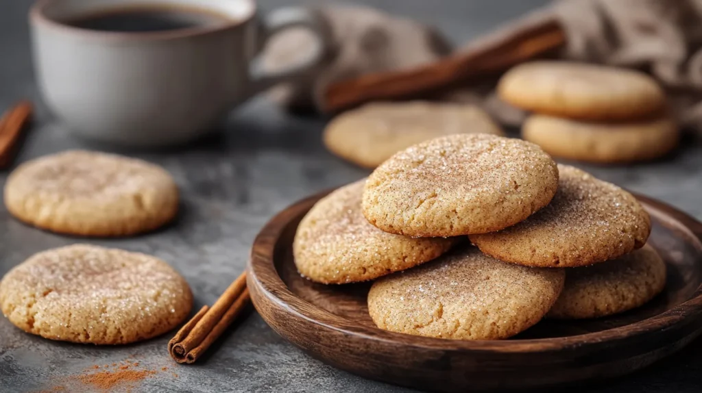 A close-up of a cinnamon cookie with a sugar-crusted top, sitting on a wooden surface.