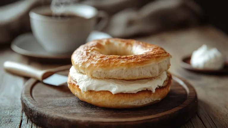 A toasted plain bagel with cream cheese and smoked salmon, garnished with capers and red onion.
