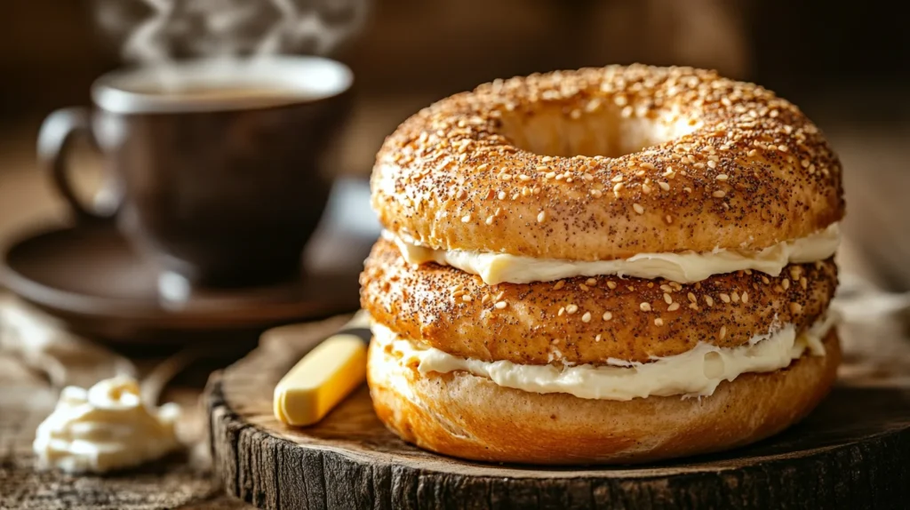 A sliced bagel with a rich layer of cream cheese and fresh strawberry slices on top.