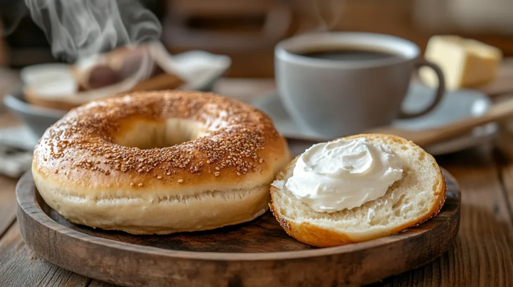 An everything bagel topped with a thick layer of cream cheese, garnished with fresh chives.