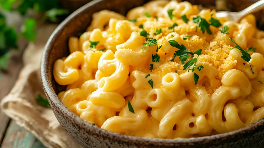 A bowl of creamy mac and cheese with a golden, cheesy sauce coating every pasta shell.