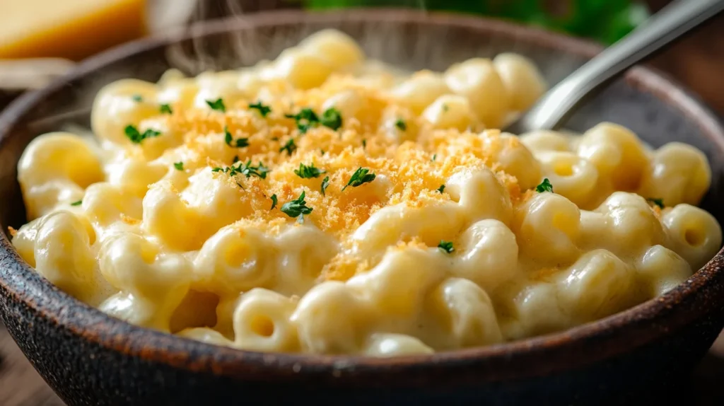A spoon scooping up gooey, creamy mac and cheese from a baking dish, with stretchy melted cheese.