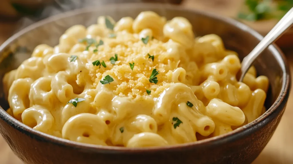 A serving of mac and cheese in a cast-iron skillet, topped with melted cheddar and fresh parsley.