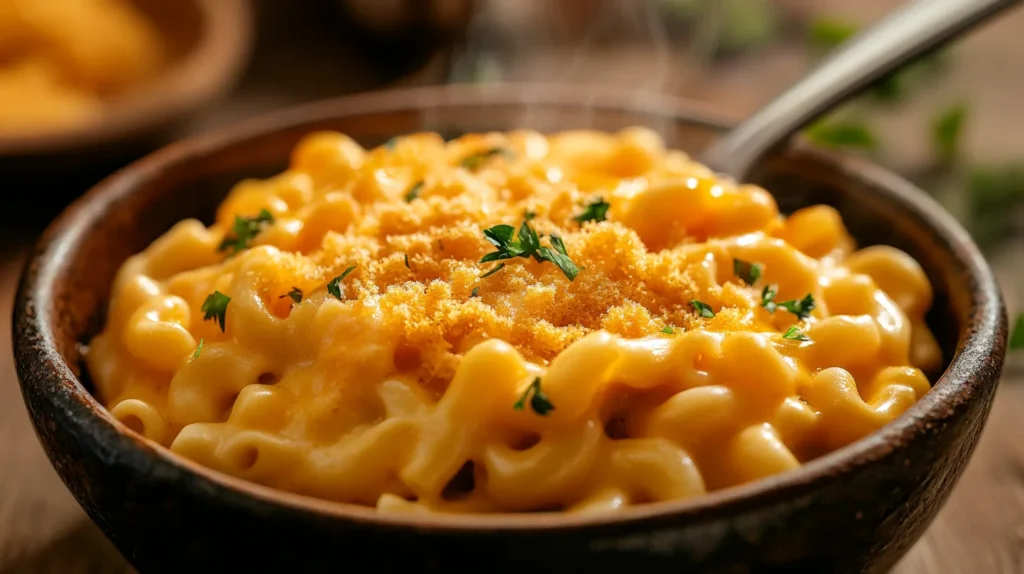 A bowl of creamy mac and cheese with a crispy breadcrumb topping, served hot and fresh.
