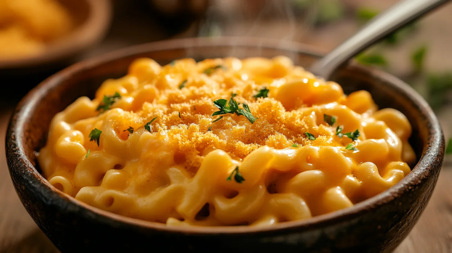 A bowl of creamy mac and cheese with a crispy breadcrumb topping, served hot and fresh.