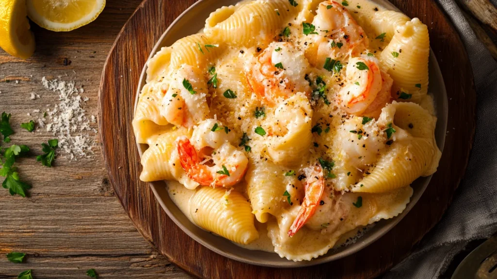 Large pasta shells filled with creamy seafood mixture, topped with melted cheese and fresh herbs.