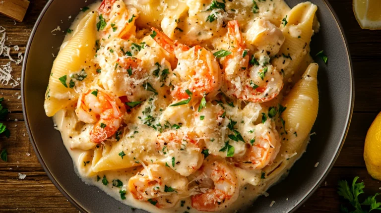 A plate of baked seafood-stuffed shells with a rich, creamy sauce and a sprinkle of shredded cheese.