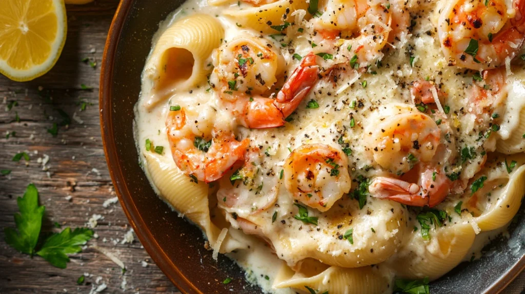 Seafood-stuffed pasta shells in a creamy white sauce, garnished with fresh basil and Parmesan.