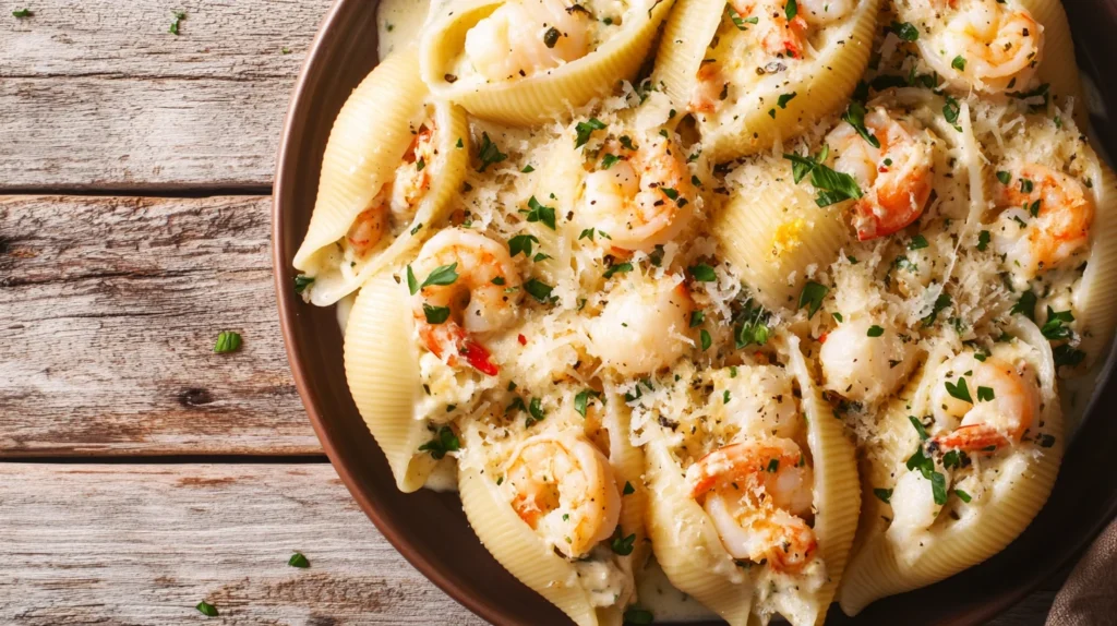 A close-up of creamy seafood stuffed shells served with a side of garlic bread and a sprinkle of parsley.