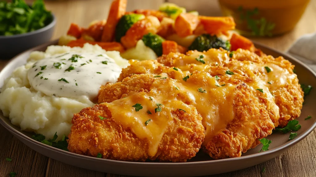 Crispy cheddar-coated chicken fillets served with mashed potatoes and fresh steamed veggies.
