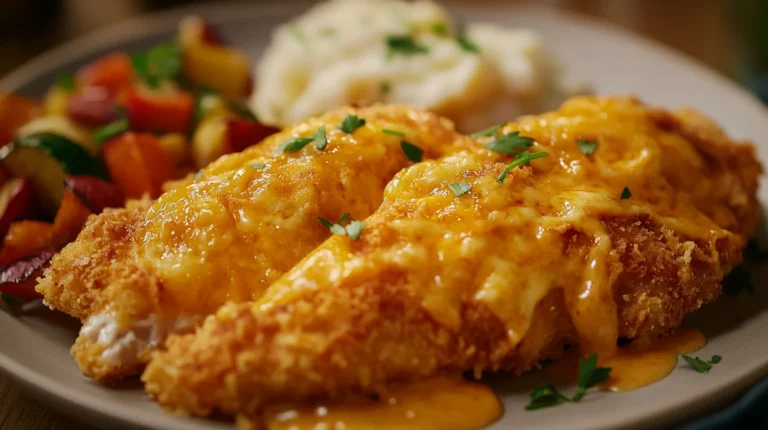 Golden crispy chicken fillets with a cheesy cheddar crust, garnished with fresh parsley.