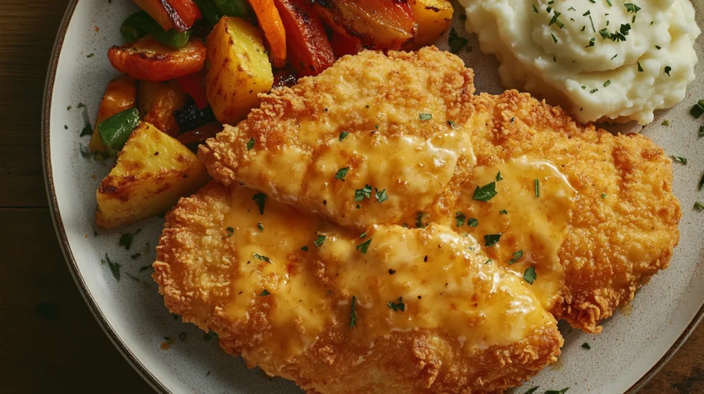Juicy cheddar chicken fillet with a golden, crispy crust, topped with melted cheddar cheese.
