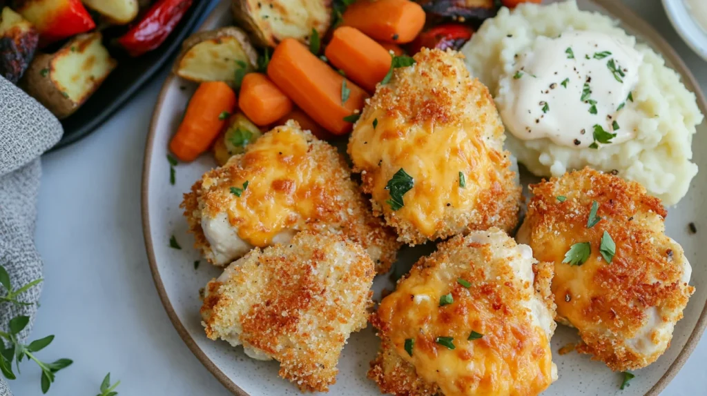 Golden-brown crispy cheddar chicken topped with melted cheese and served with a side of vegetables.
