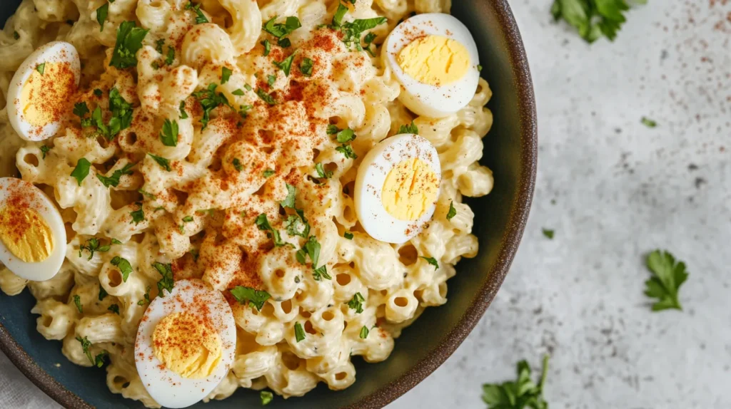 Deviled egg pasta salad served with a garnish of paprika, chives, and a side of fresh greens.