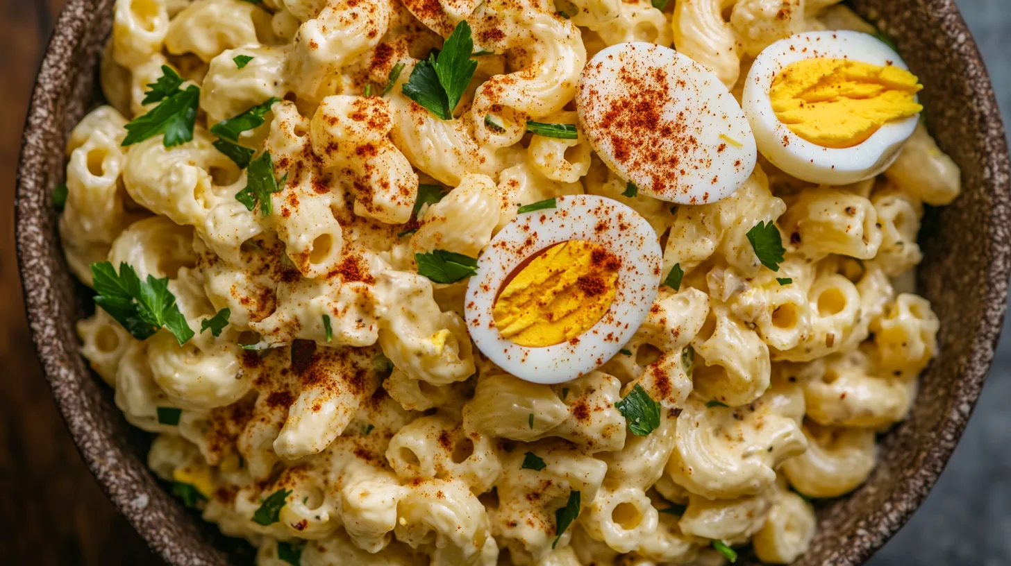 A large serving bowl of deviled egg pasta salad with egg slices, creamy dressing, and fresh herbs.