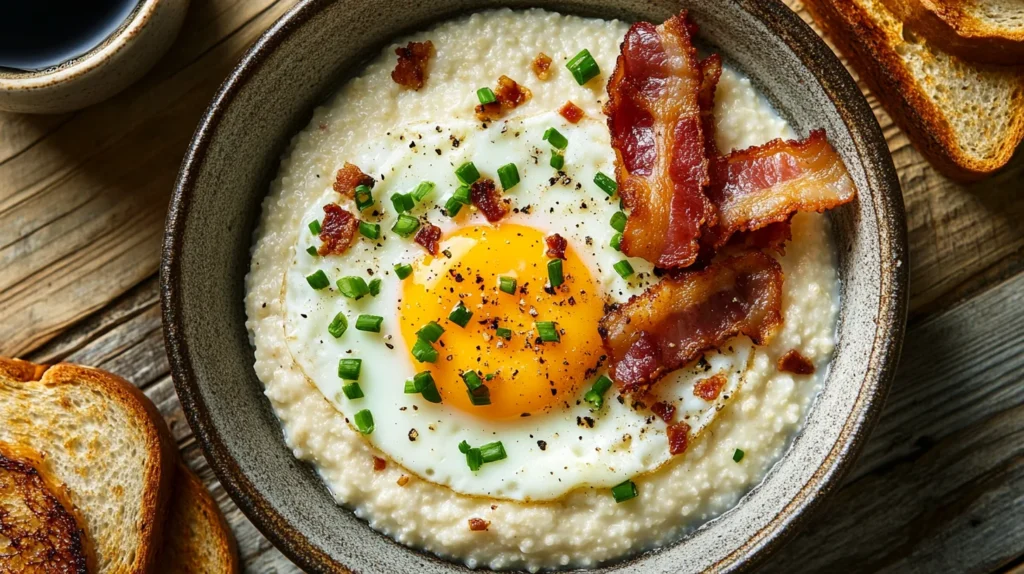 A bowl of stone-ground grits with over-easy eggs and a sprinkle of green onions on top.