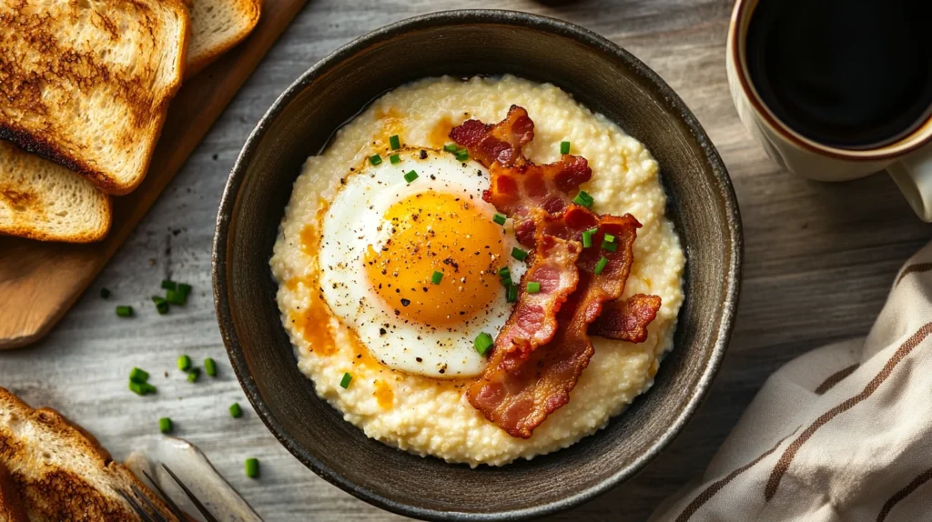 A plate of cheesy grits with scrambled eggs on the side, served with crispy bacon and toast.
Title: Cheesy Grits & Fluffy Eggs