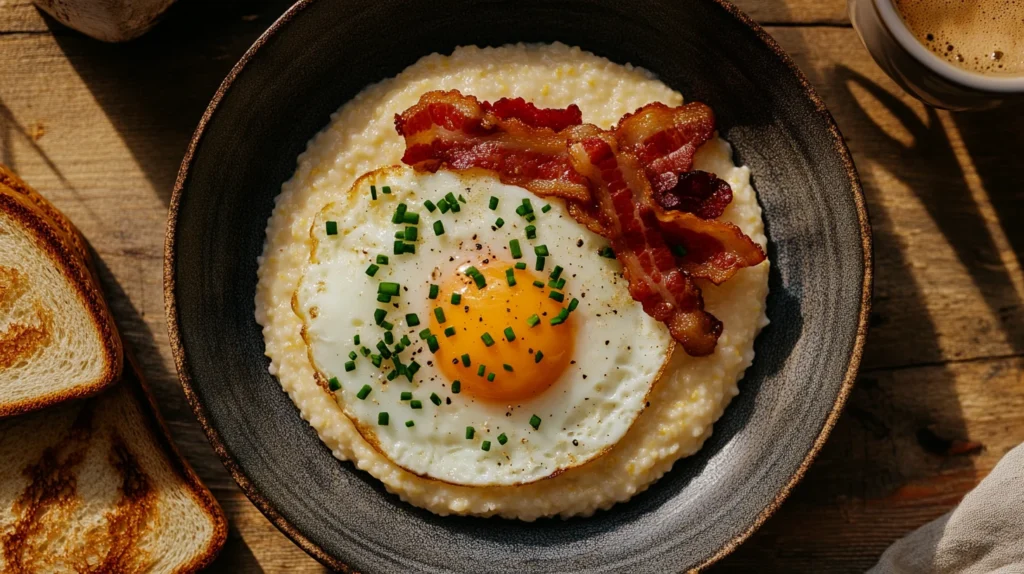 A bowl of creamy grits topped with a sunny-side-up egg, garnished with black pepper and fresh herbs.
