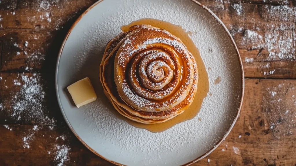Close-up of fluffy cinnamon roll pancakes with a dusting of powdered sugar.
