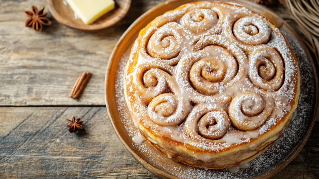 Fluffy cinnamon roll pancakes stacked on a plate, drizzled with icing.